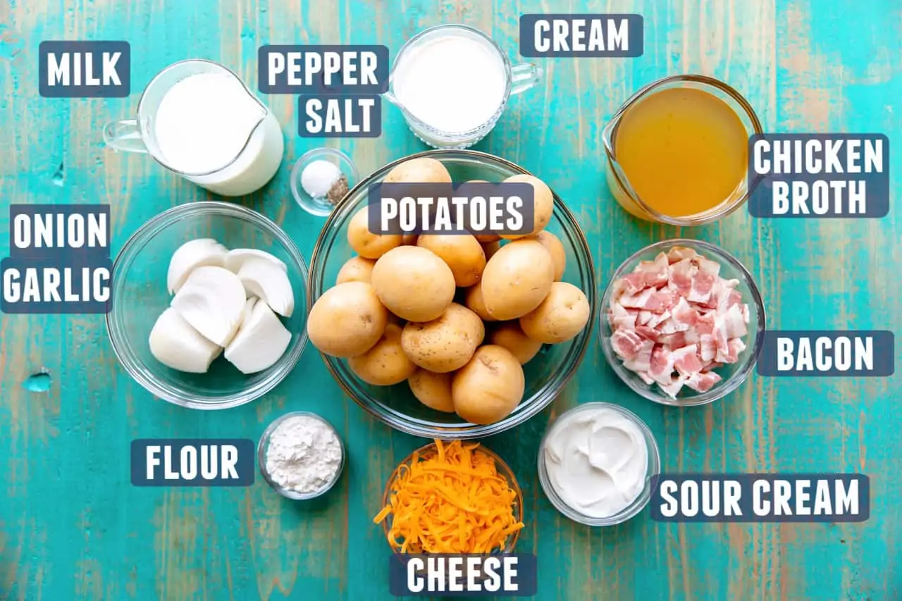 Ingredients needed for potato soup laid on the counter.