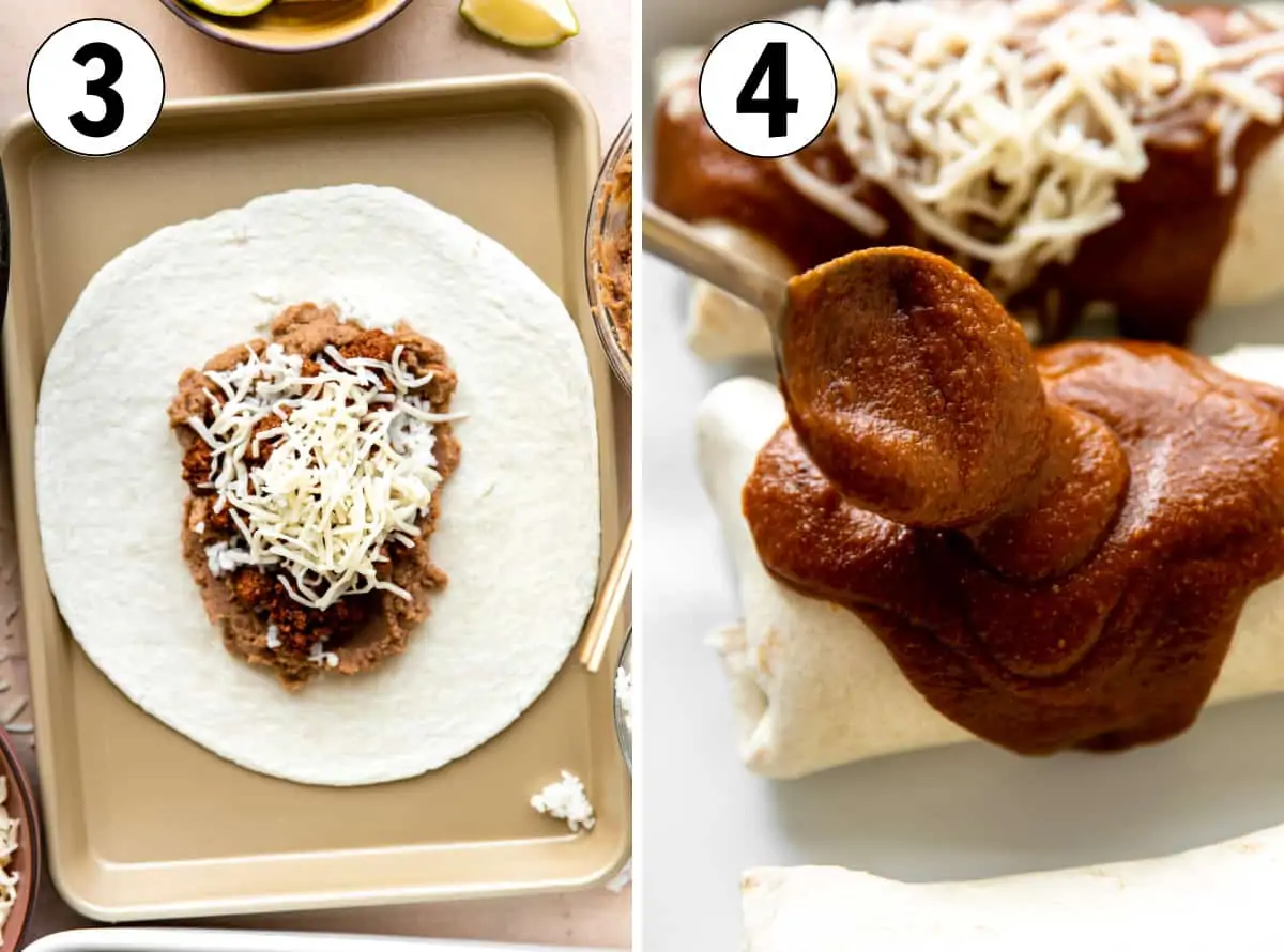 Step by step image showing how to fill a tortilla to make a burrito, then a rolled burrito being covered with enchilada sauce.