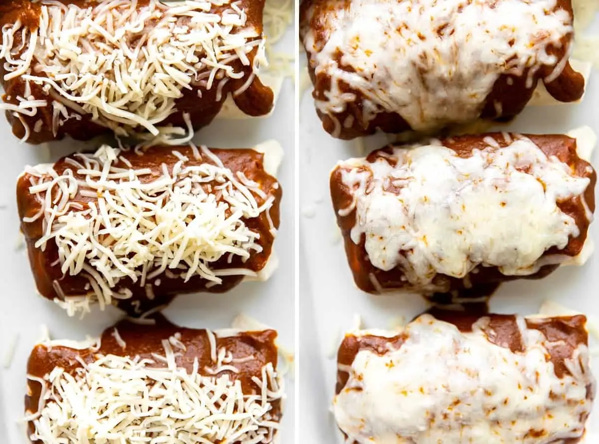 Side by side showing smothered burritos topped with cheese before baking and after.