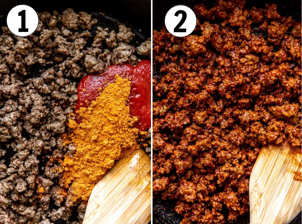Step by step images showing making ground beef for a wet burrito.