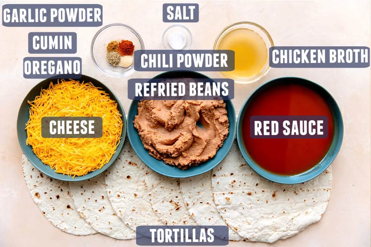 Ingredients needed to make homemade bean and cheese burritos laid out on the counter.