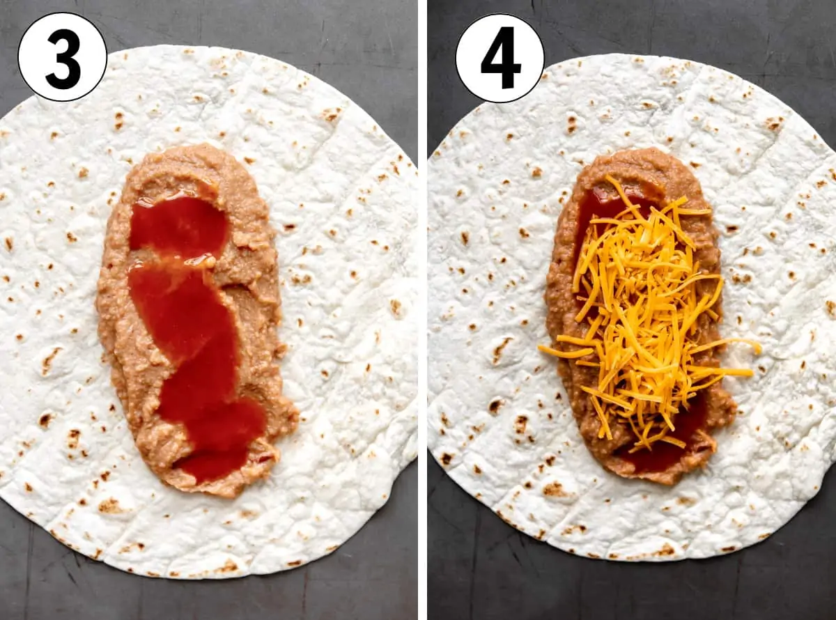 how to make homemade bean burritos, showing layer sauce and cheese on top of beans on a flour tortilla. 
