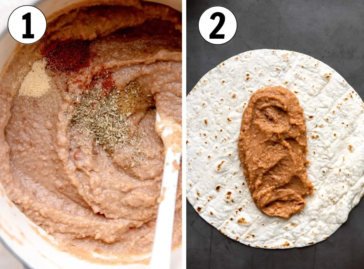 Step by step how to make bean burritos, showing beans cooking in a pot, then spread onto a large tortilla.