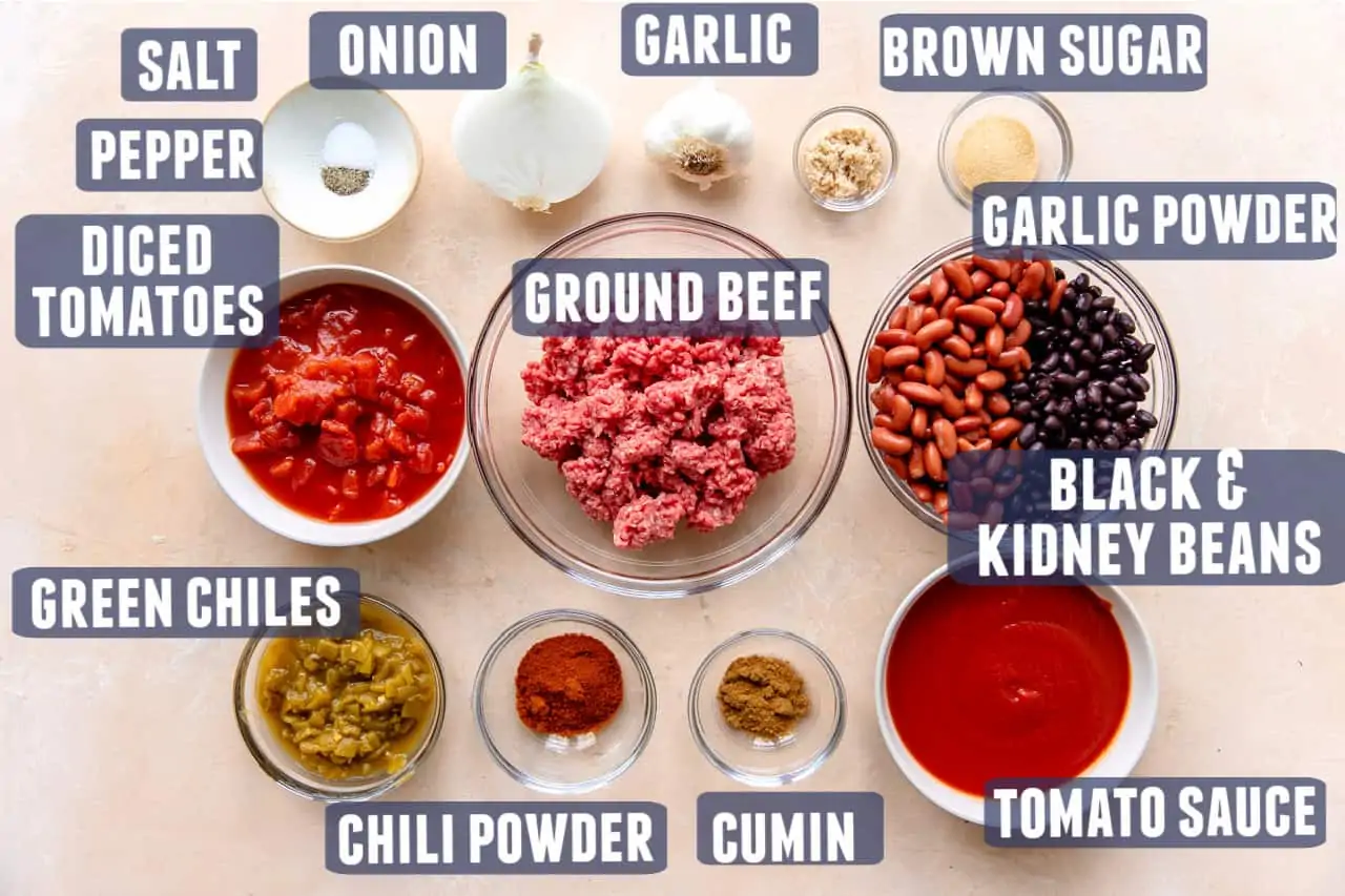 Ingredients needed for easy chili recipe laid out on the counter.