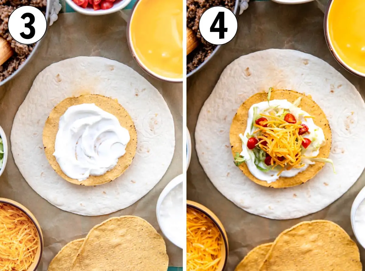 Step by step how to make homemade Crunchwraps showing layering ingredients inside of the large tortillas.