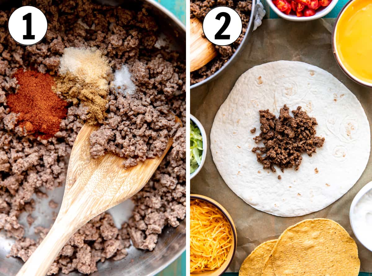 How to make homemade Crunchwraps, showing cooking the ground beef and layering it inside of a large flour tortilla. 