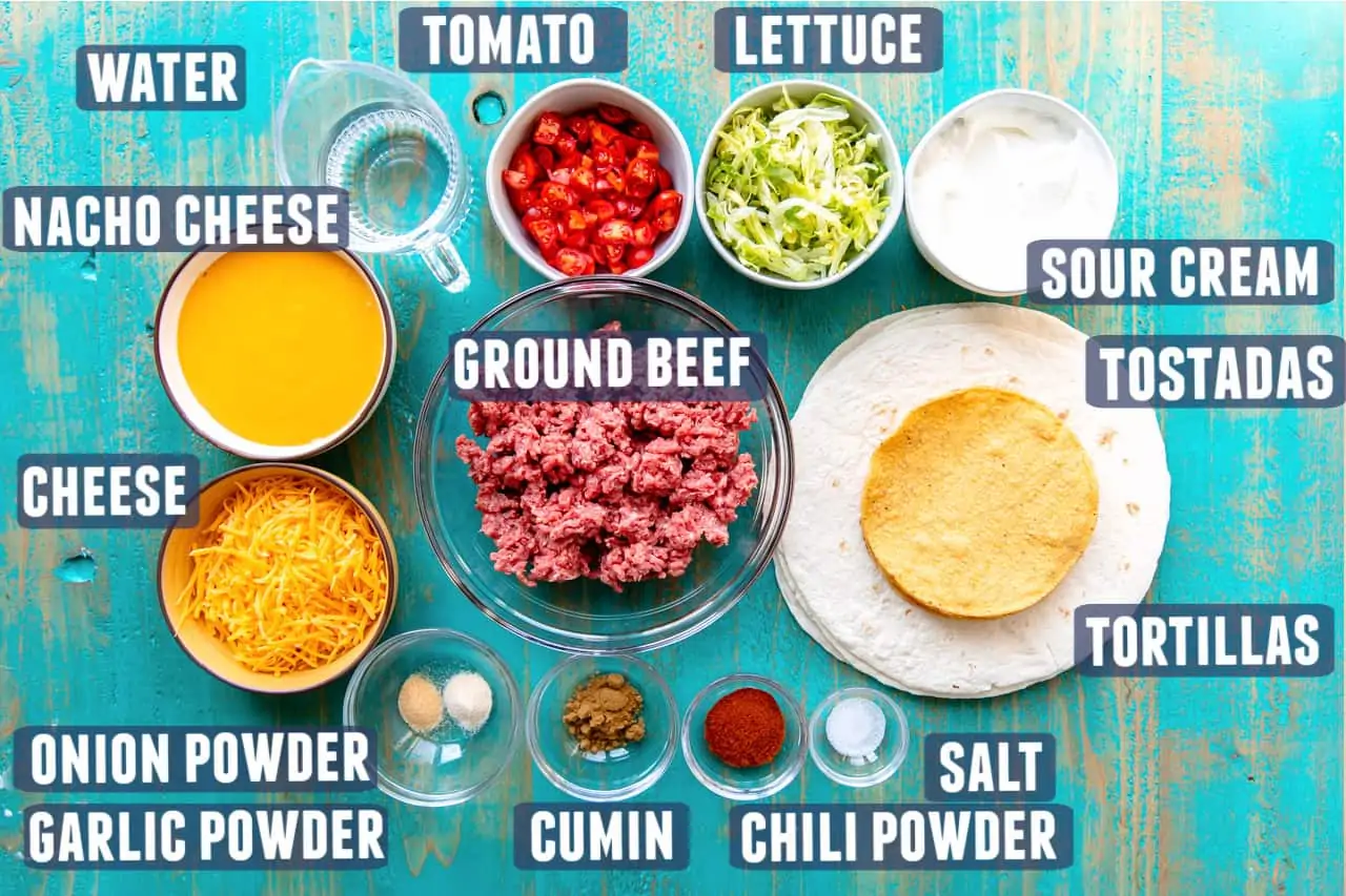 Ingredients needed to make homemade Crunchwrap supremes laid out on the counter. 