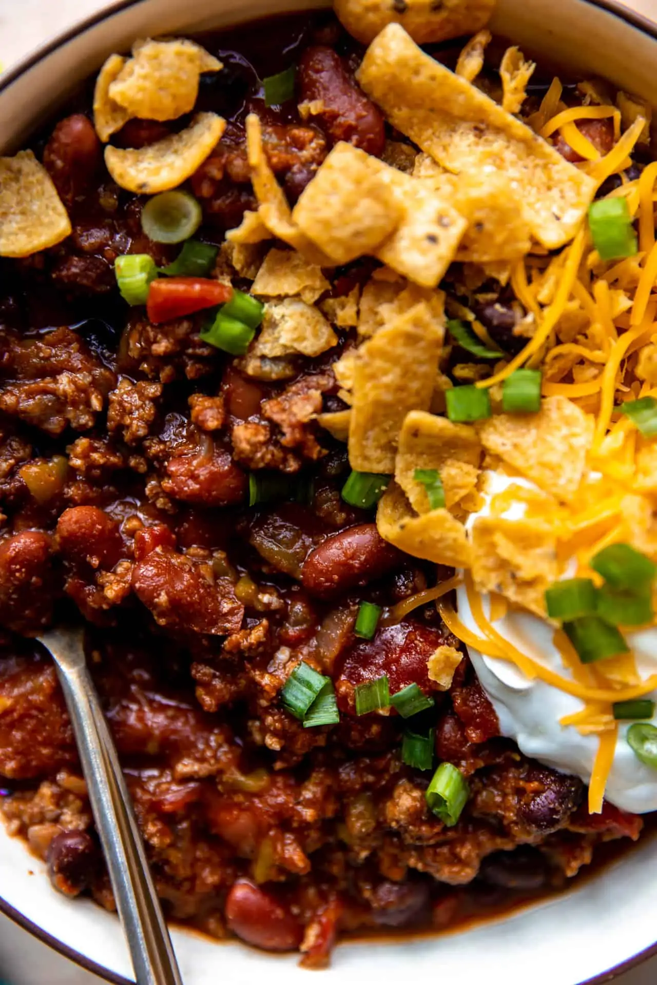 Up close view of a chunky homemade ground beef chili recipe.