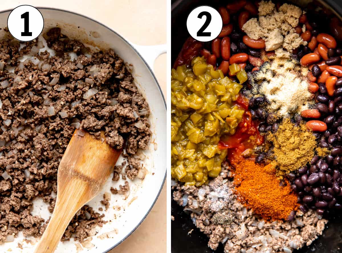 How to make an easy chili recipe, showing cooking ground beef and onion in a skillet, then all other ingredients added to a large pot.