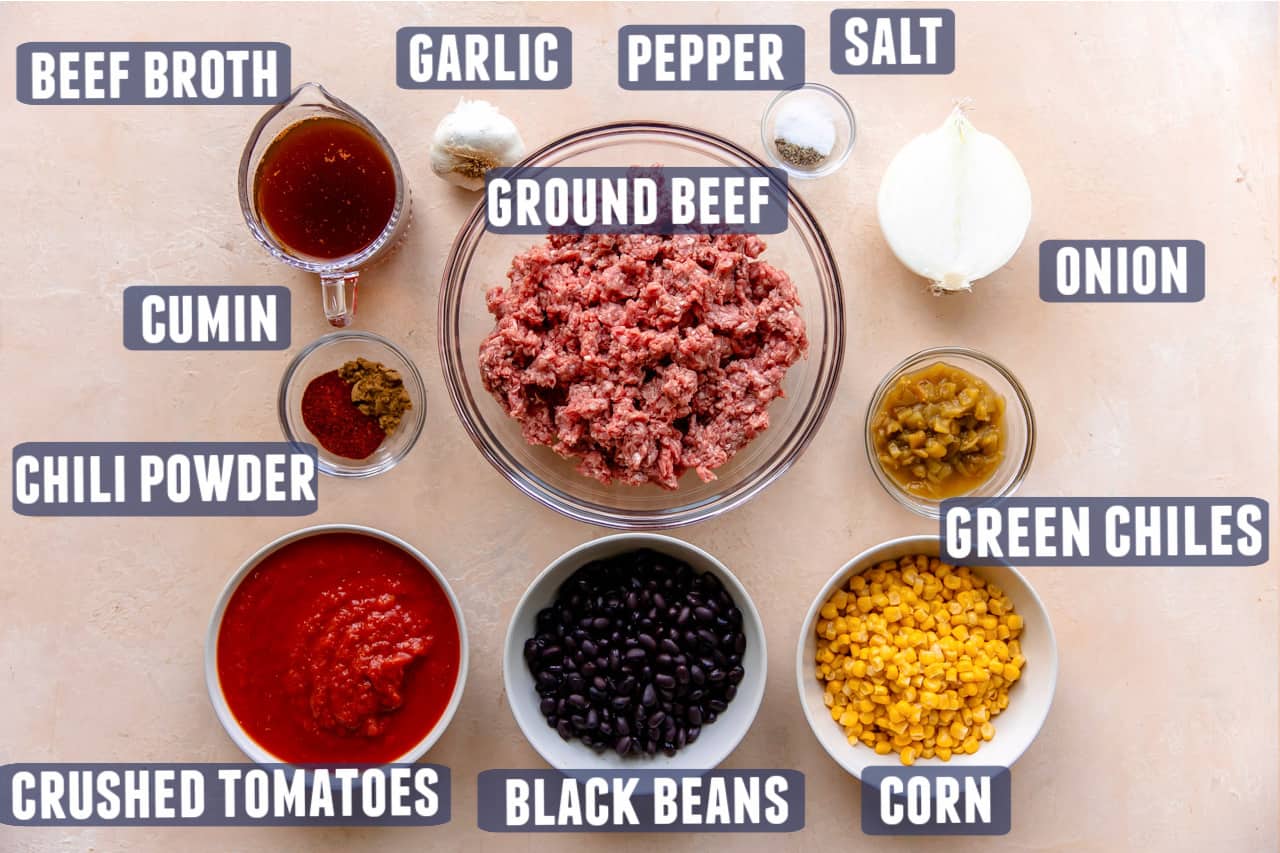 Ingredients needed for taco soup laid out on the counter.