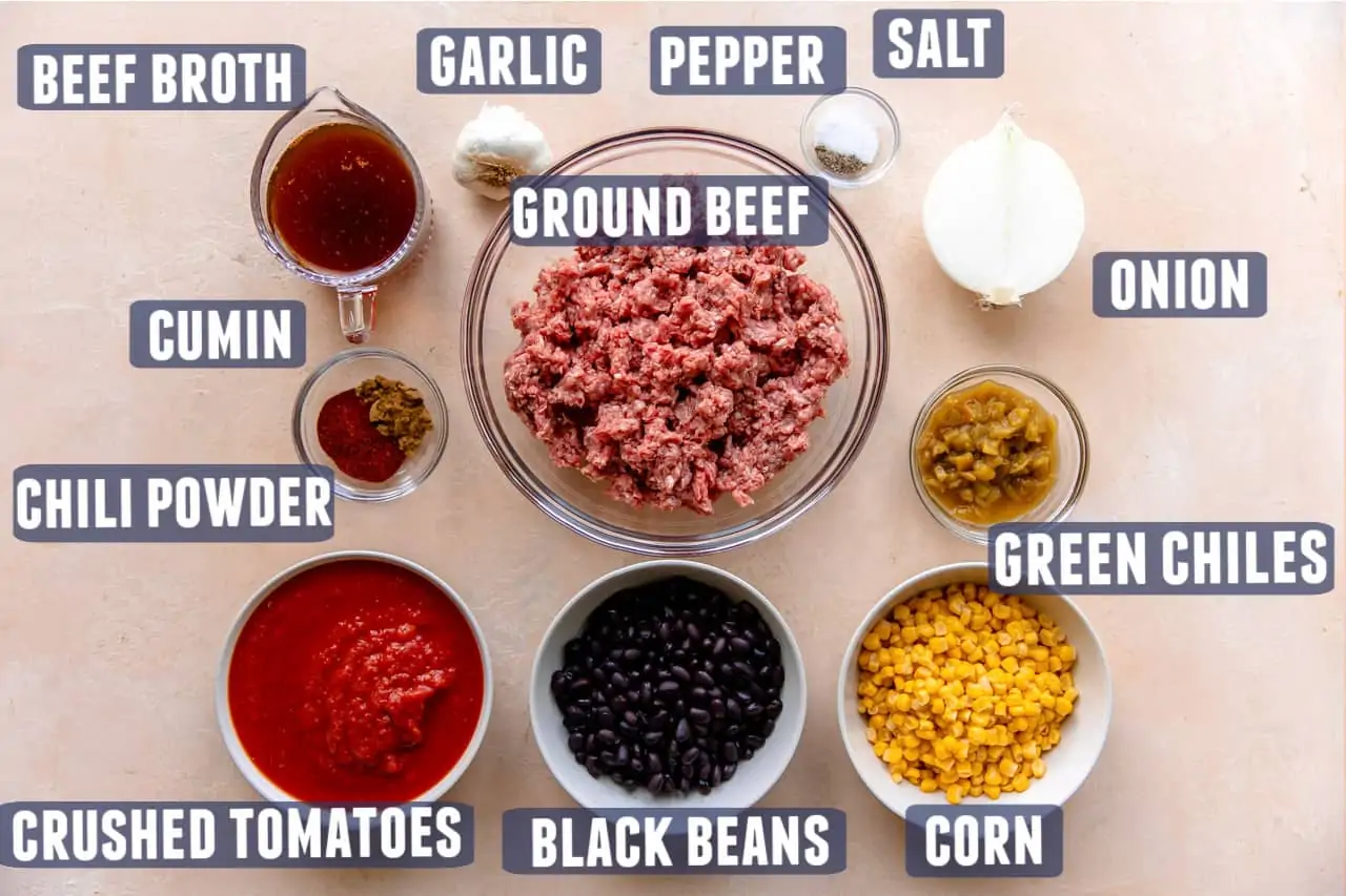 Ingredients needed for taco soup laid out on the counter.