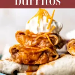 Bean and cheese burritos stacked on a plate, pinterest image.