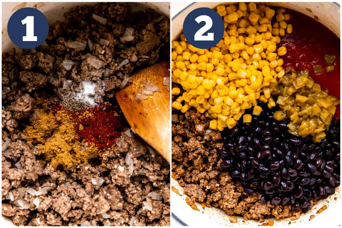 Collage showing cooking ground beef in a dutch oven, then adding seasoning, corn, beans, and tomato to make taco soup. 