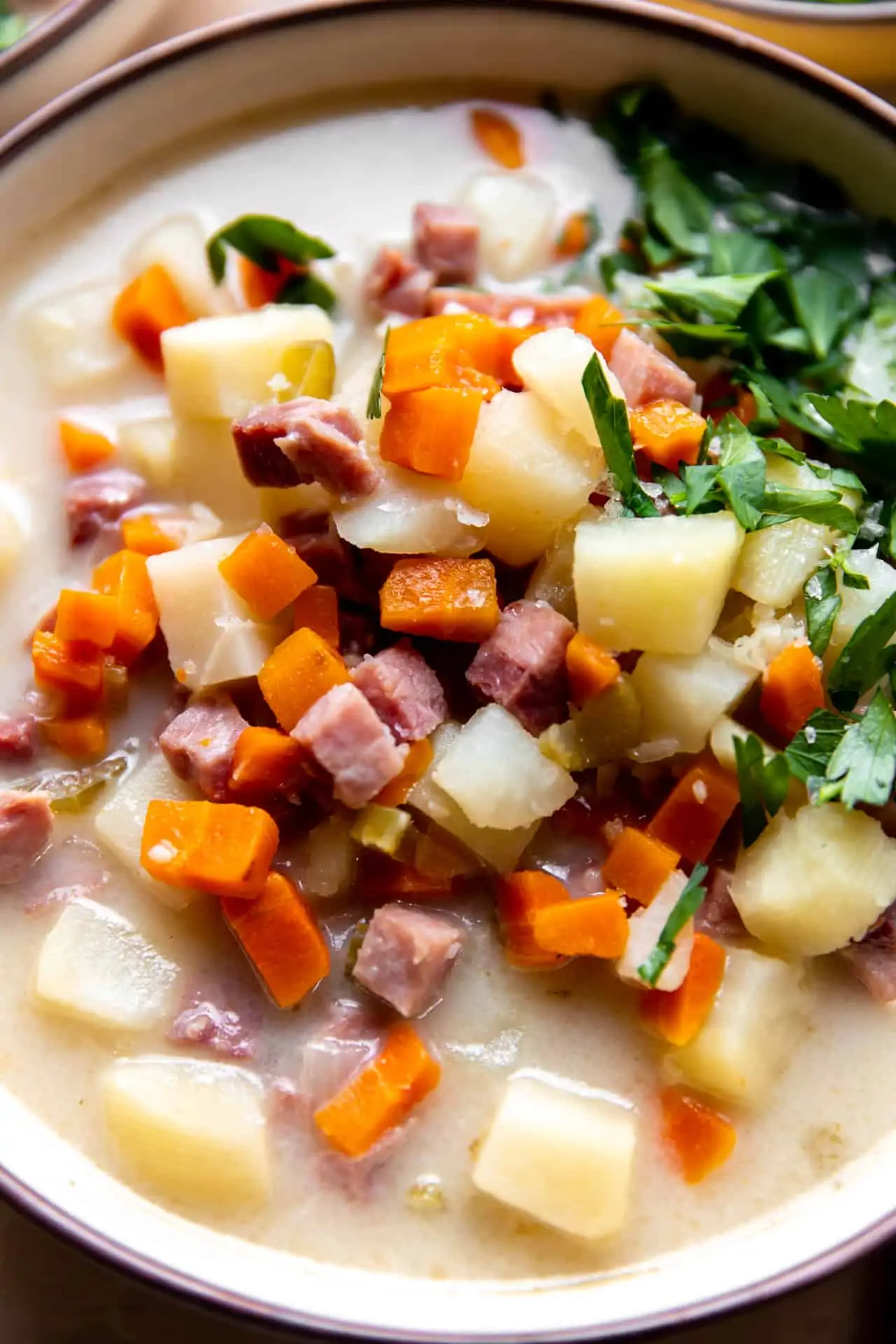 Up close view of ham bone soup with chunks of ham, potato, veggies in a creamy broth topped with diced parsley.