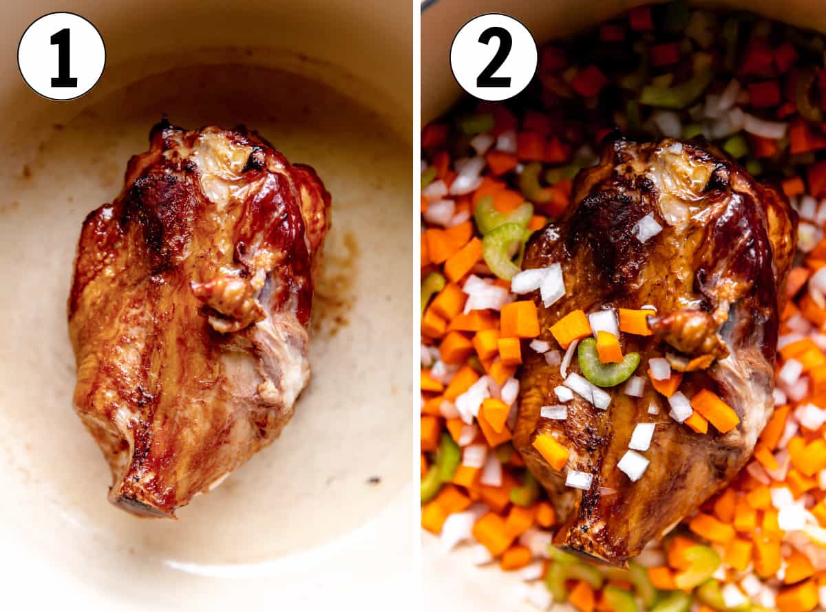 Searing the ham bone and cooking with diced carrots, celery and onion for making broth. 