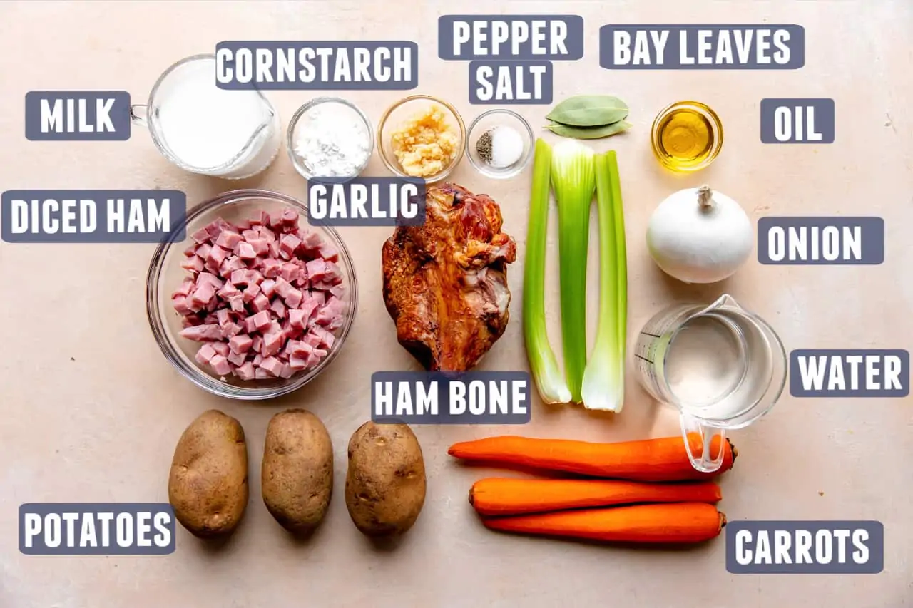 Ingredients needed for ham bone soup laid on the counter. 