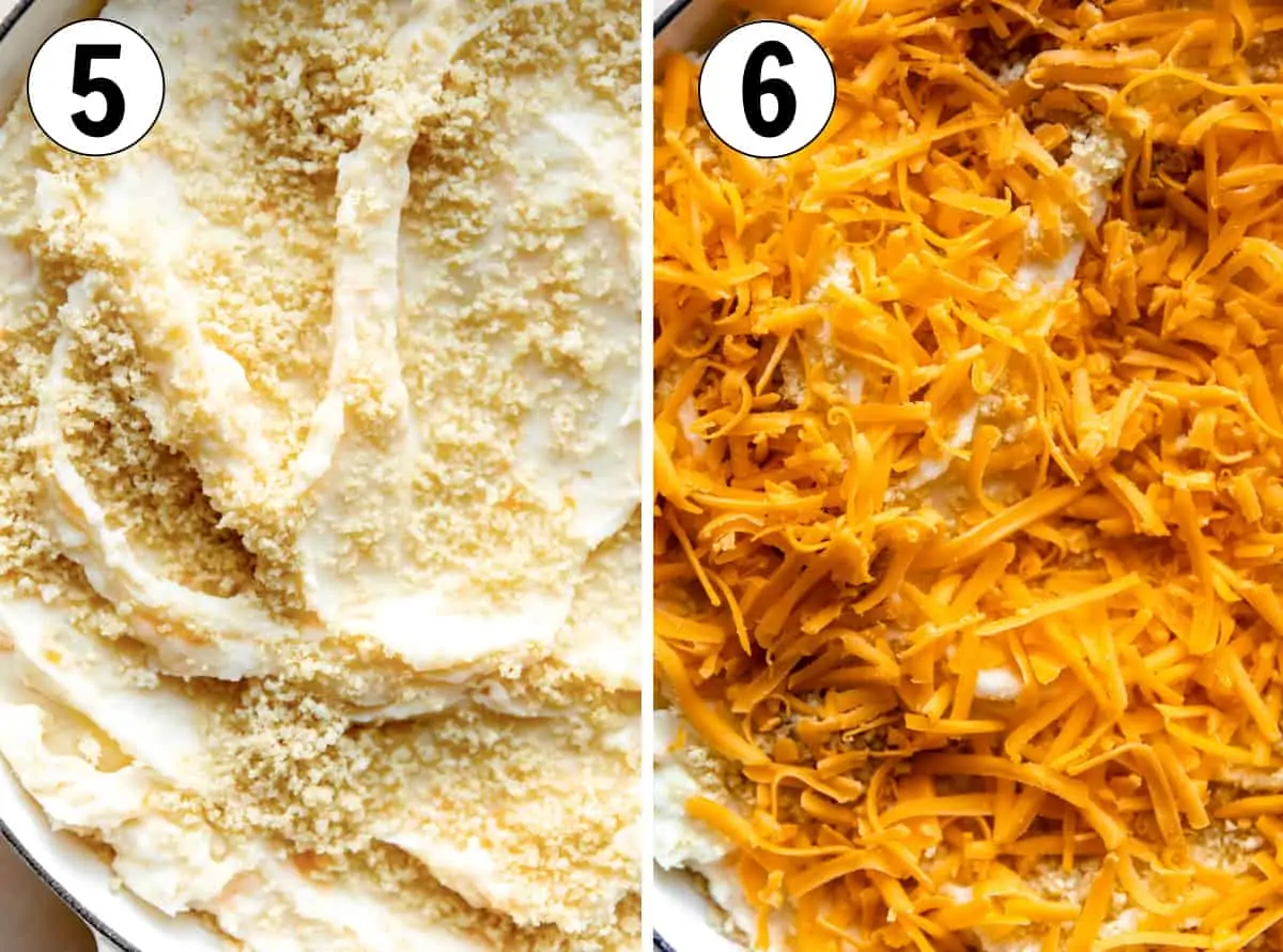Preparing a casserole by spreading out mashed potatoes, topping with toasted panko and then shredded cheese. 