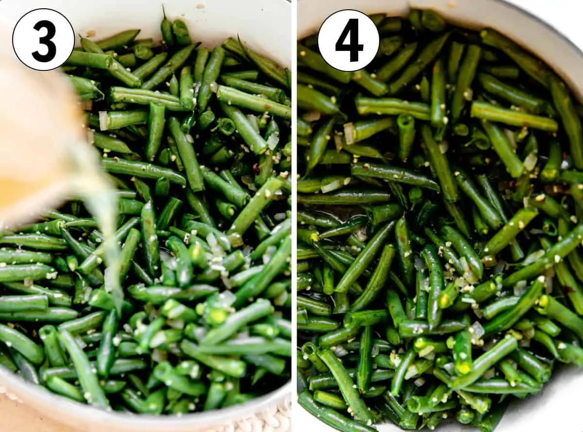 Adding broth to a pot of fresh green beans for a long simmer time.