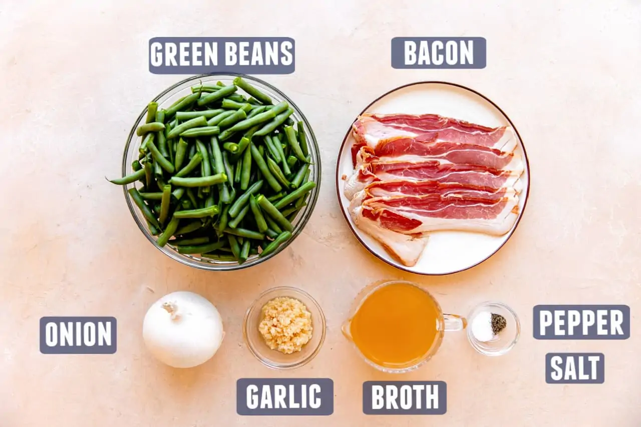 Ingredients needed for making southern style green beans laid out on the counter.