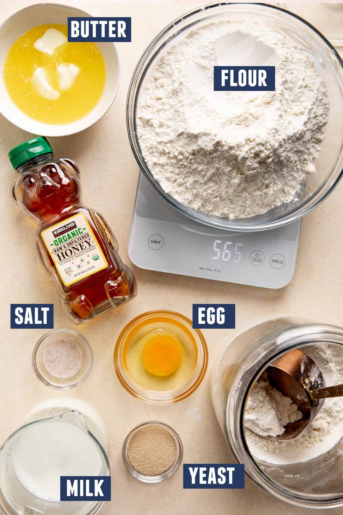 Ingredients needed to make Texas Roadhouse bread rolls laid out on the counter.