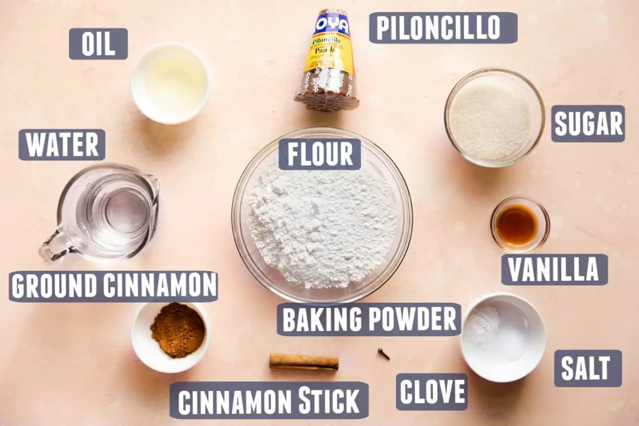 Ingredients needed to make homemade bunuelos laid out on the counter.