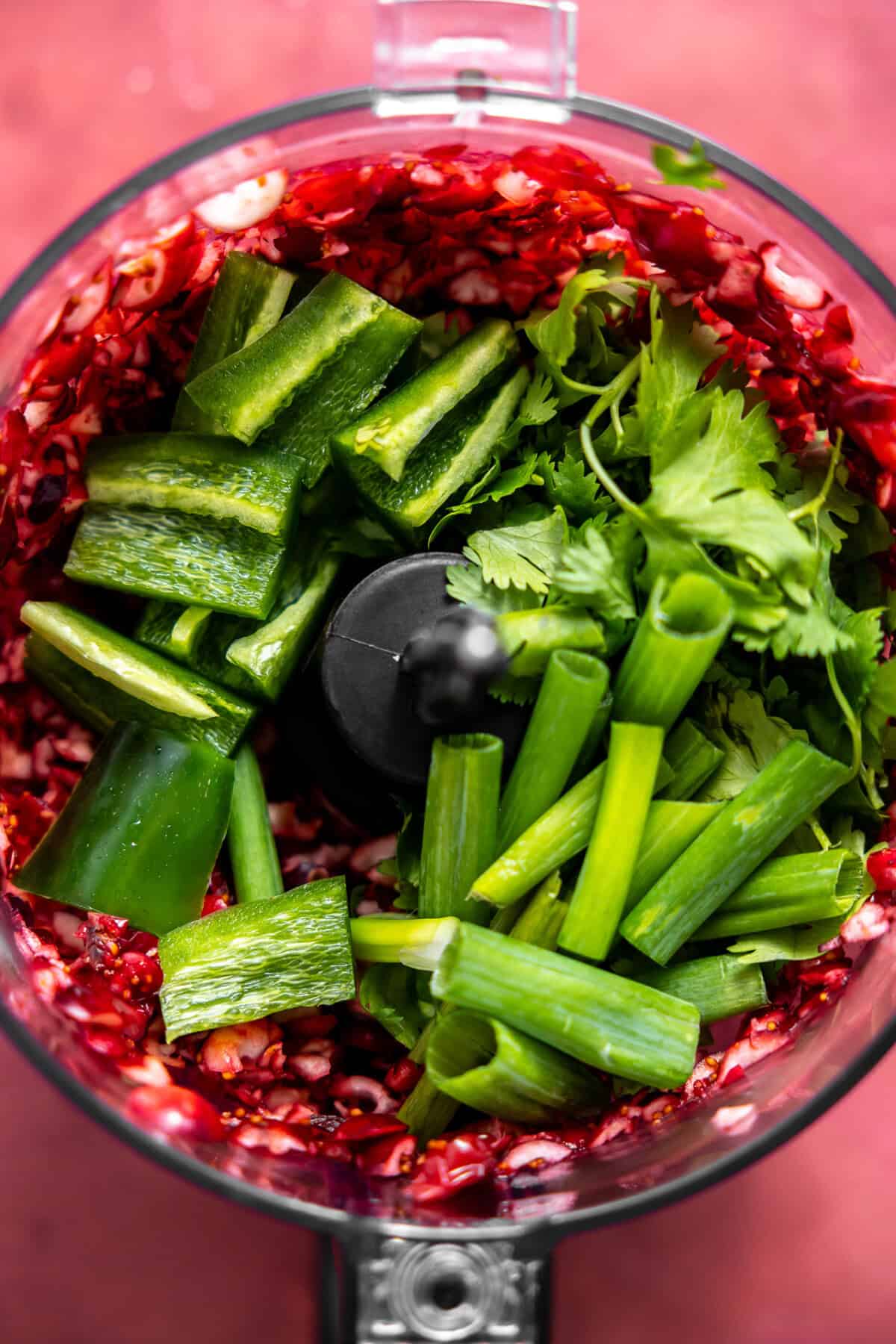 Jalapeno, green onion, cilantro, with cranberries in a food processor.