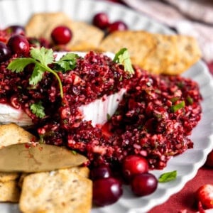 Cranberry salsa served over cream cheese with crackers.