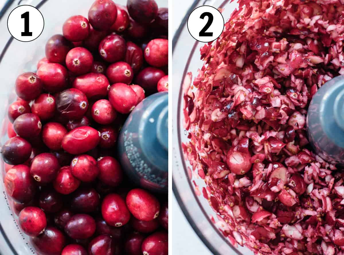 Fresh cranberries added to a food processor, then after being pulsed and chopped up. 