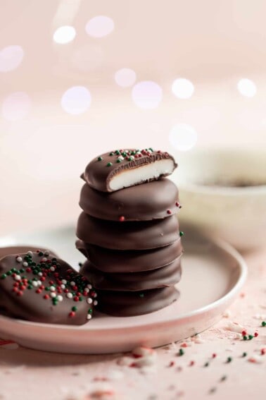 Stack of homemade peppermint patties.