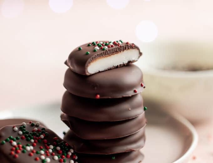 Stack of homemade peppermint patties.