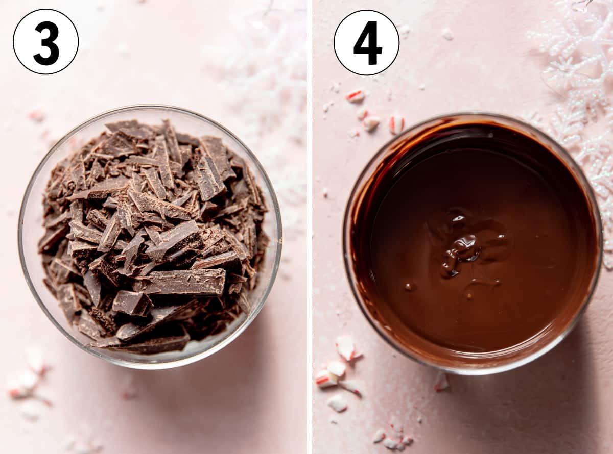 A bowl of chopped chocolate, then the same bowl with the chocolate melted.