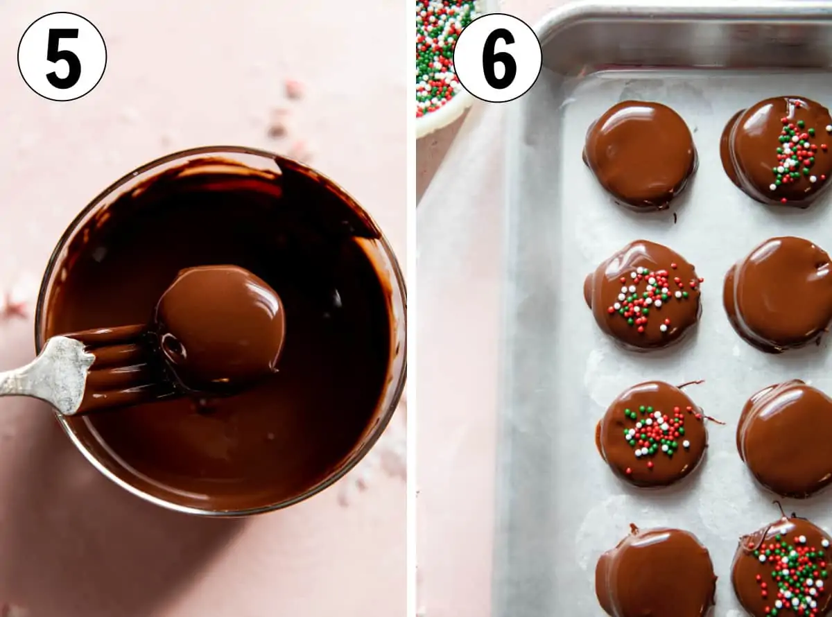 A fork dipping a peppermint dough patty into the melted chocolate, then the chocolate covered patties laid on a baking sheet lined with wax paper to harden and set. 
