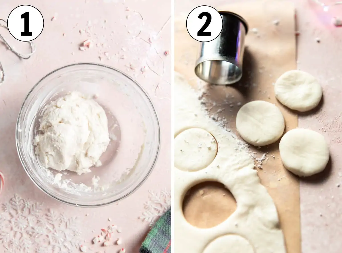 Showing mixing the peppermint dough for the center of the patties, then being cut with a round cutter.