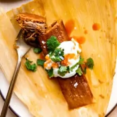 Red Pork Tamales topped with sour cream, cilantro and hot sauce.