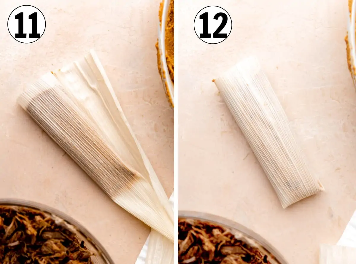 How to fold corn husks for making tamales, rolled and then folded up. 