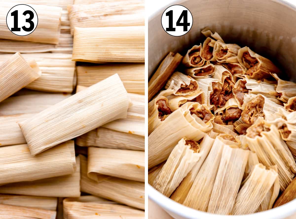 Stack of tamales wrapped in husks before steaming. Tamales stacked in a large steamer pot ready to cook.
