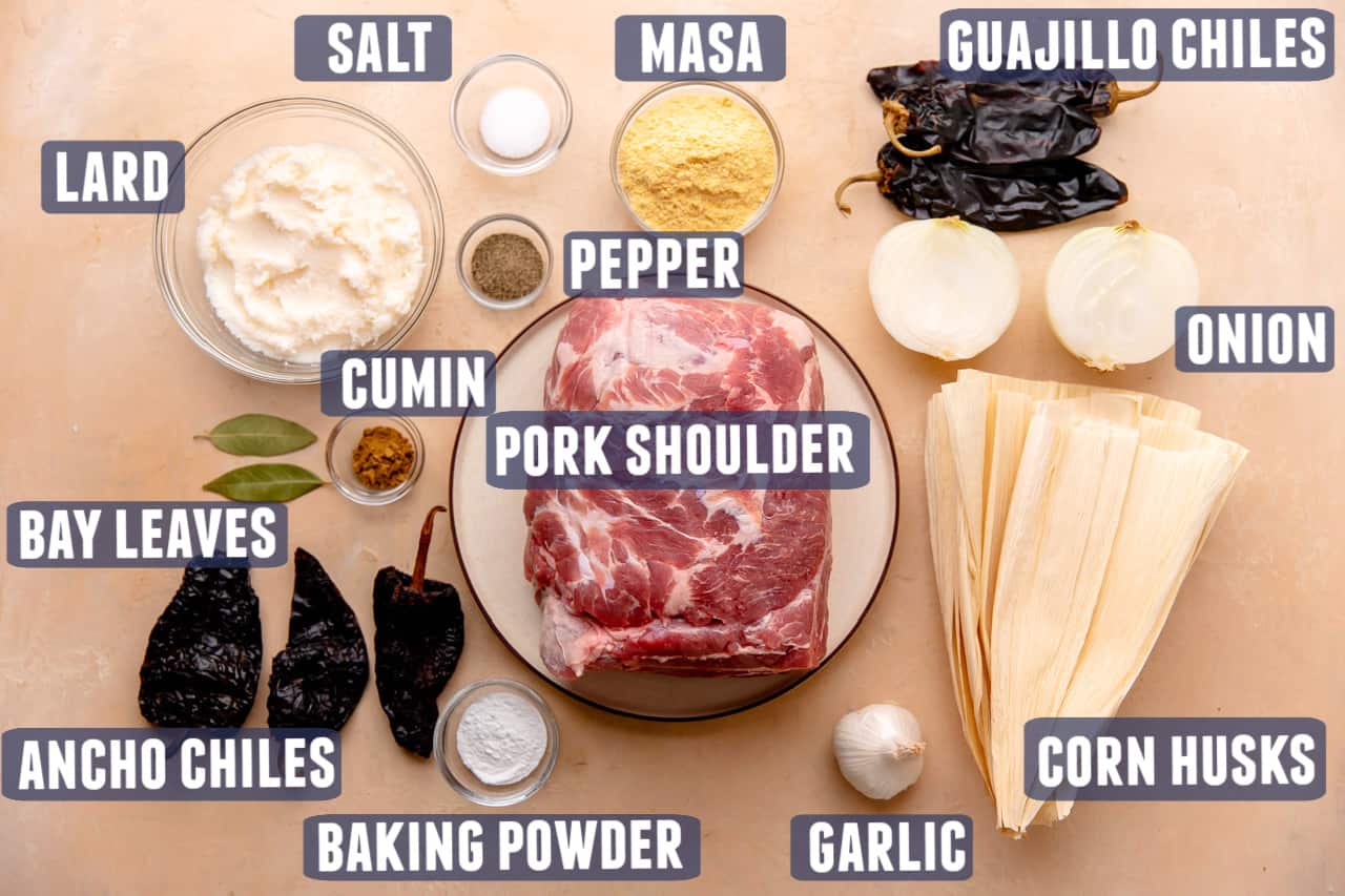 Ingredients needed to make pork tamales laid out on the counter