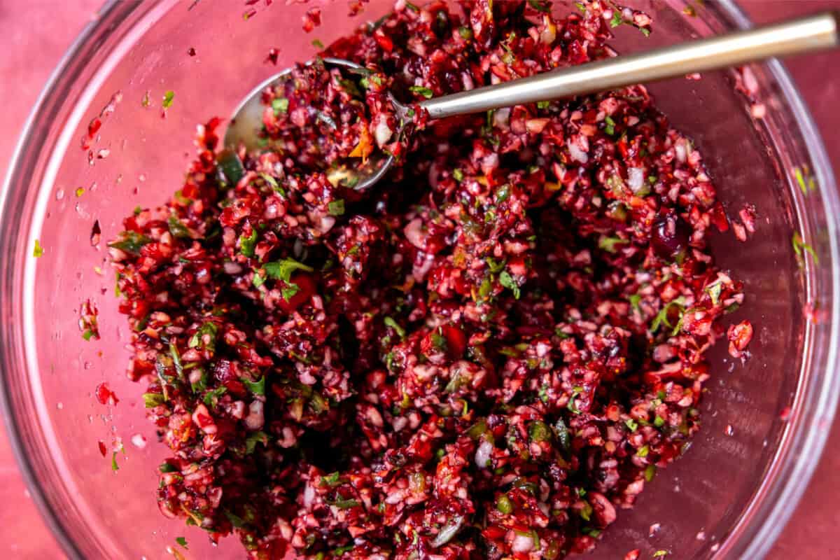 Cranberry salsa in a bowl. 