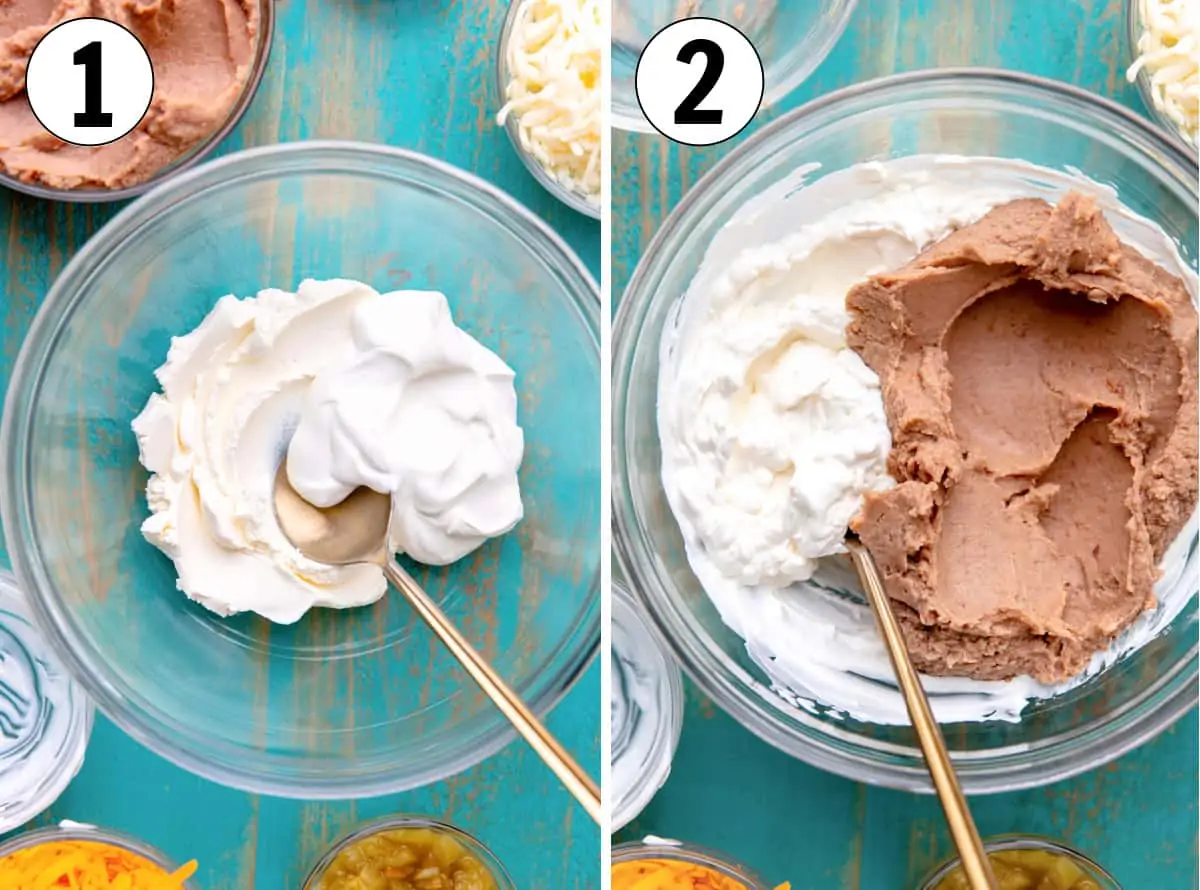 How to make bean dip, showing softened cream cheese mixed with refried beans.