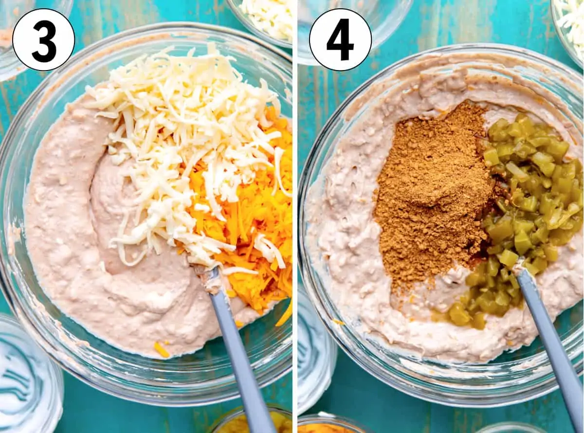 Bean mixture being mixed with shredded cheese, then with taco seasoning and diced green chiles.