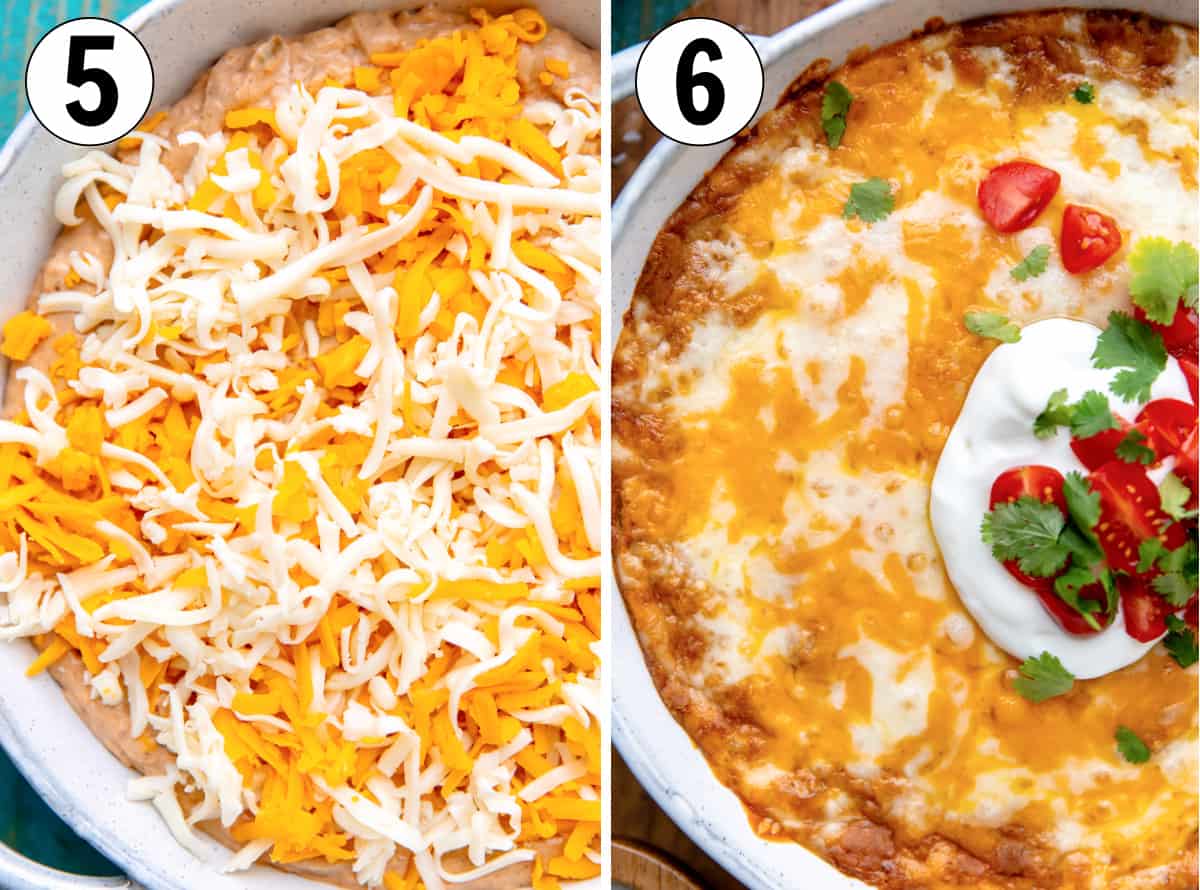 Bean dip topped with shredded cheese before baking and then after baking showing the cheese melted. 