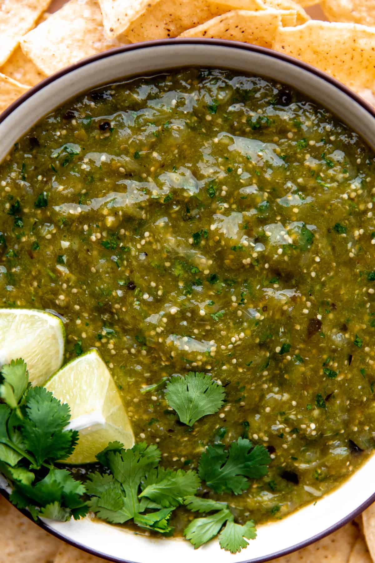 Up close view of blended salsa verde. 