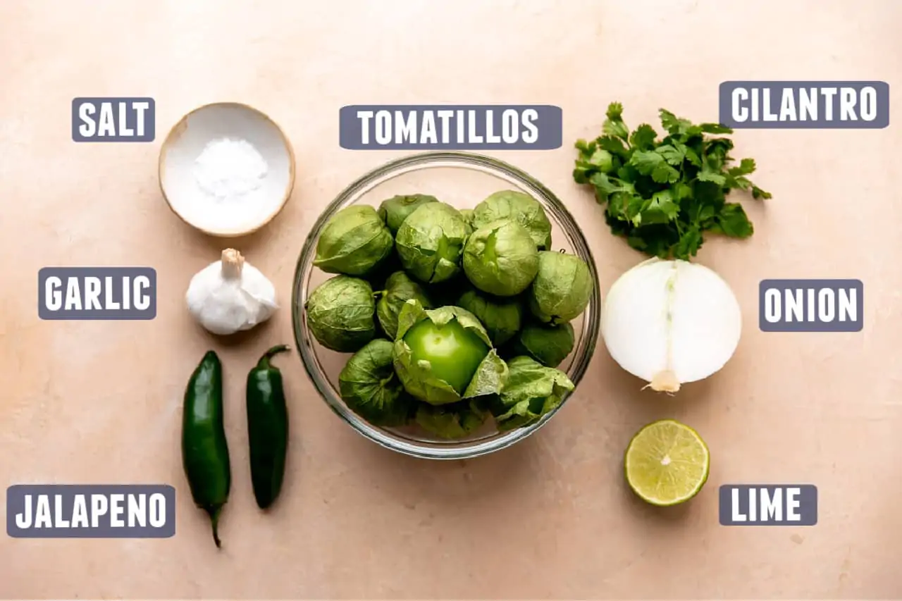 Ingredients needed for salsa verde laid out on the counter.