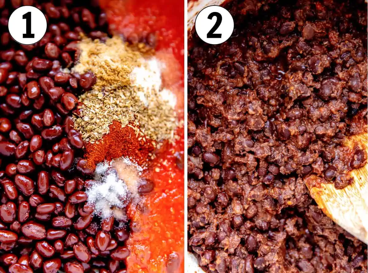 Black beans being mixed with crushed tomatoes and seasonings to create a taco filling. Before and after cooking and mashing. 