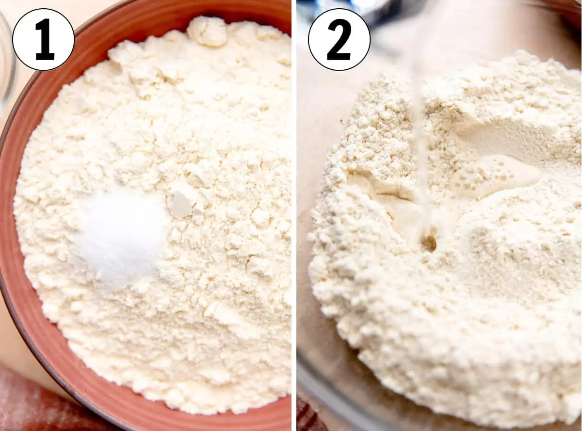 How to make corn tortillas, showing dry ingredients in a bowl, then warm water being poured in. 