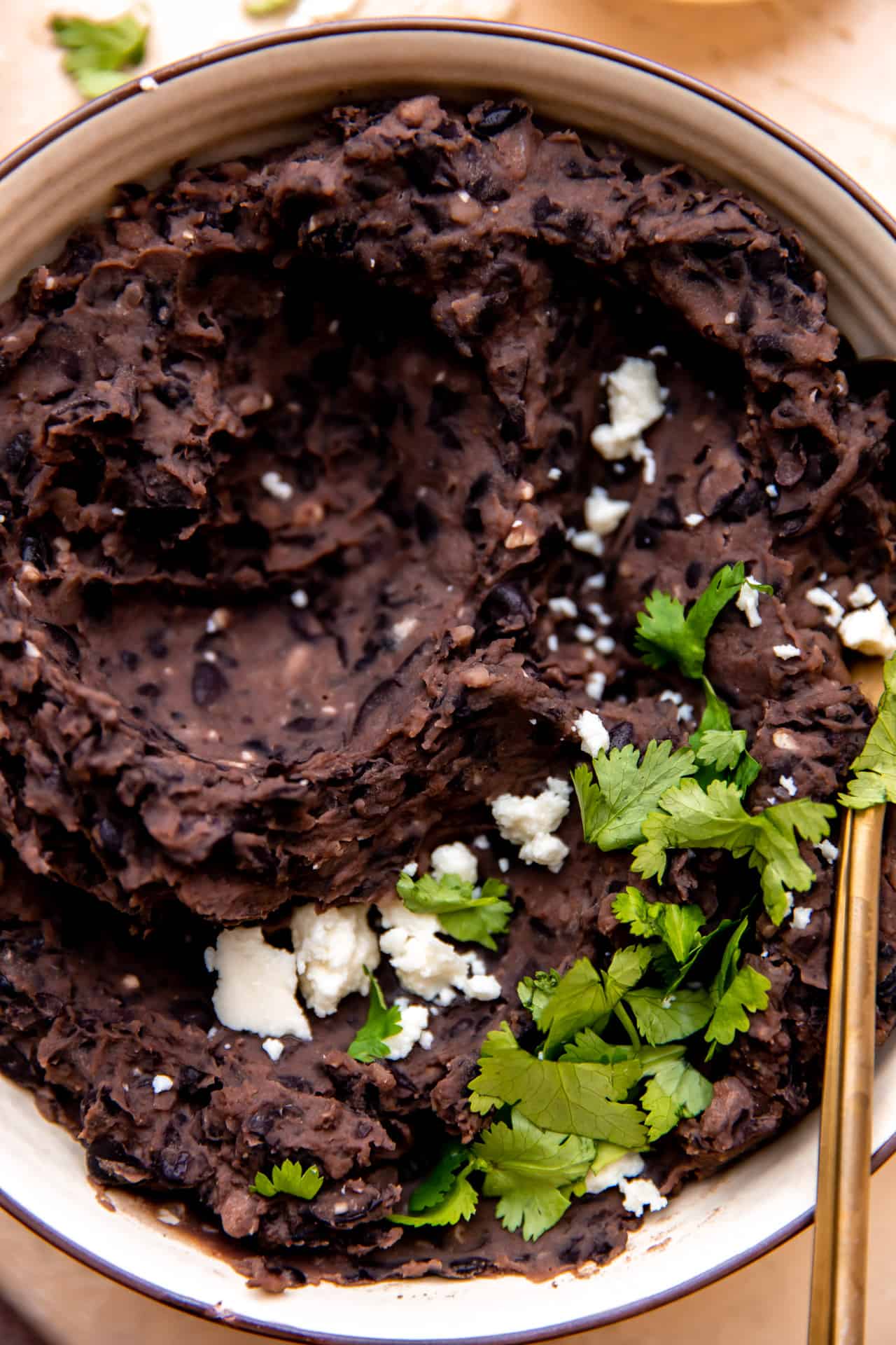 Up close view of refried black beans topped with Cotija and cilantro.