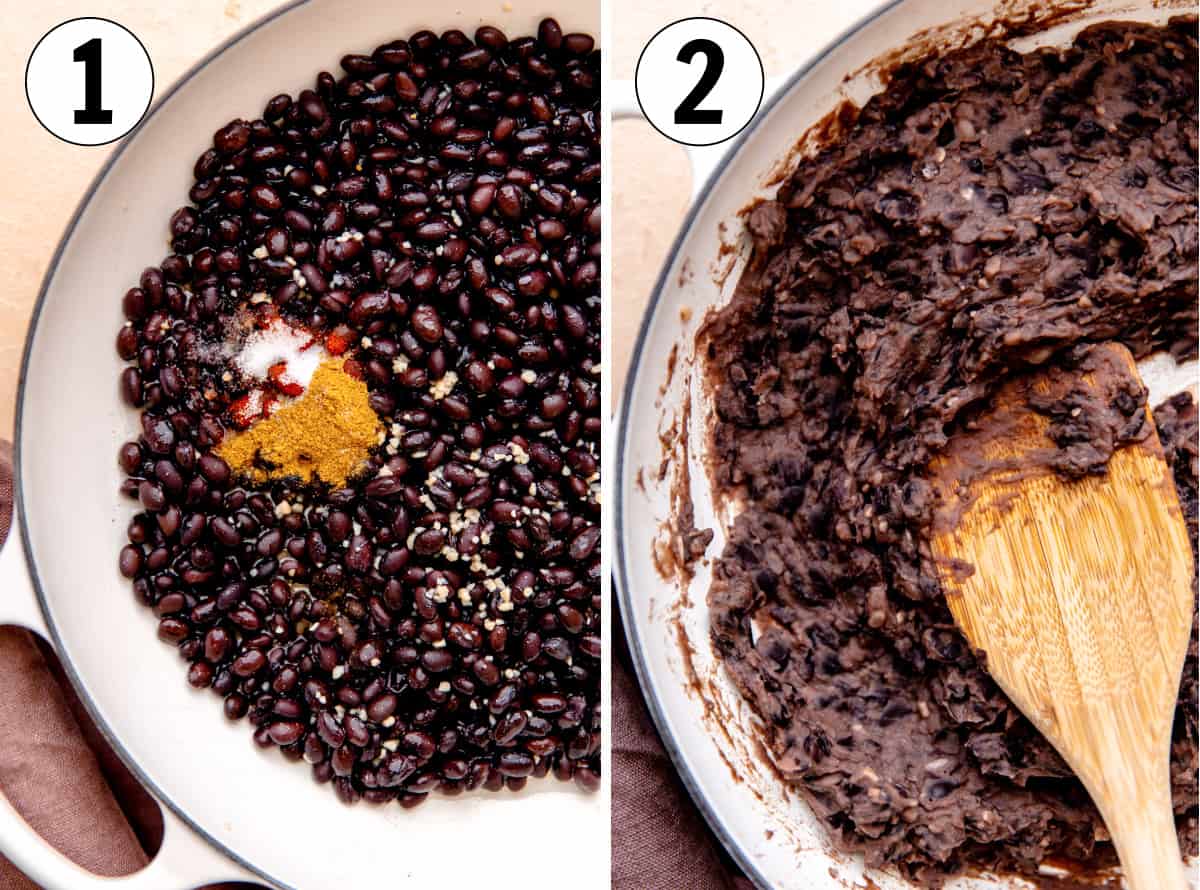 How to make homemade refried black beans showing beans with seasonings in a skillet, then cooked and mashed.