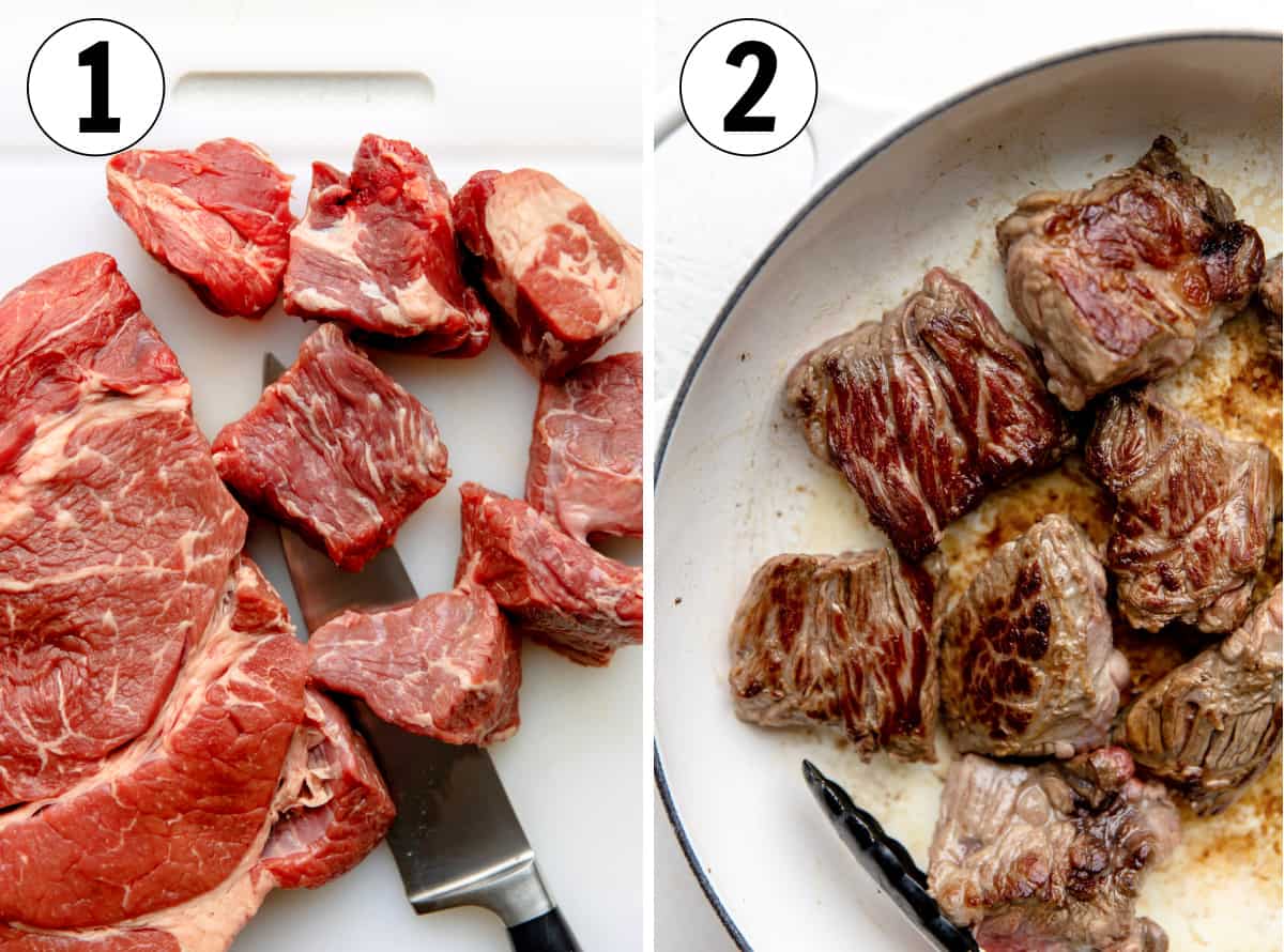 Trimming and cutting chuck roast and searing in a skillet with oil to make shredded beef.