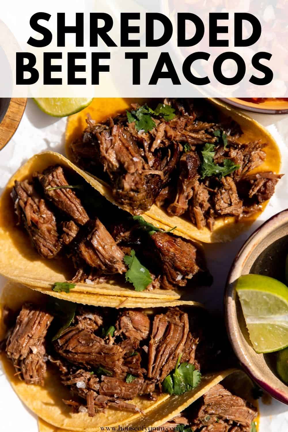 Shredded Beef tacos with text.