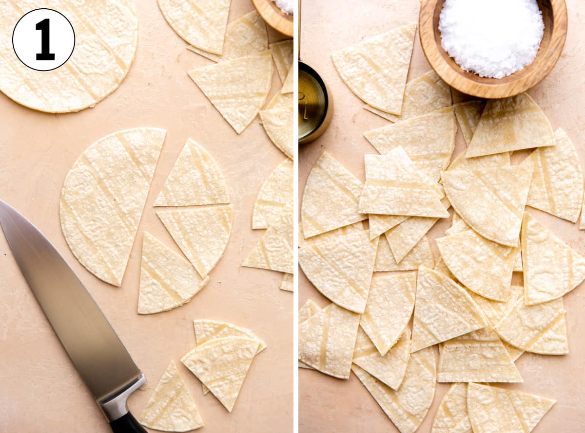 Slicing corn tortillas into sixths to make triangle tortilla chips.